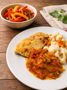 Escalope de dinde panée et sa compotée de poivrons